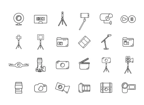 Conjunto de iconos de línea de cámara con cámara web, lente de cámara — Vector de stock