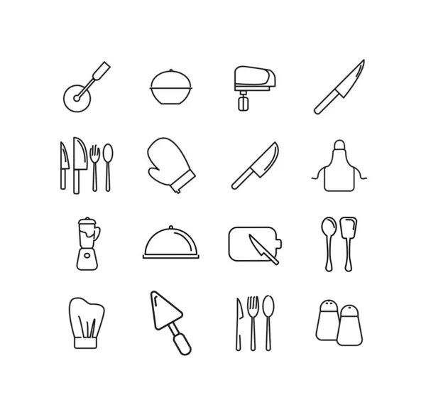 Conjunto de iconos de cocina con iconos de línea de cuchillo de cocina — Vector de stock