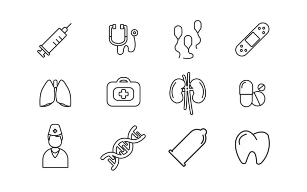 Lékařské ikony s lékem, stetoskop, ikony vektorové linie stříkačky — Stockový vektor