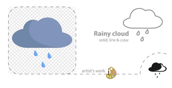 Nube lluviosa plana, sólida, icono de línea — Vector de stock