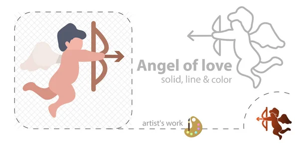 Anioł miłości z łukiem płaski, solidny, ikona linii — Wektor stockowy
