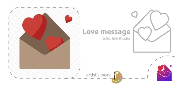 Kuvert med hjärta platt, fast, linje ikon. kärlek meddelande ikon — Stock vektor