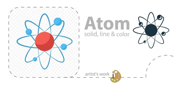 Atom vector plat, solide, lijn pictogram — Stockvector