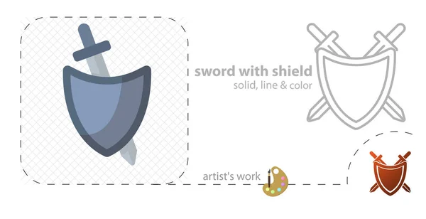 Espada con escudo plano, sólido, icono de línea — Archivo Imágenes Vectoriales