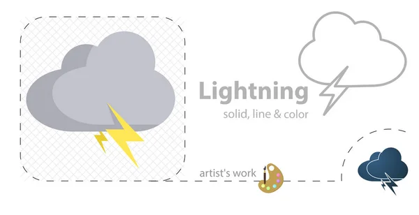 Rayo en el vector de nube ilustración plana, sólido, icono de línea — Vector de stock