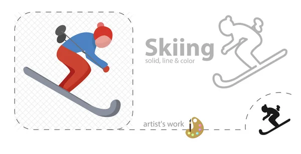 Vecteur de ski illustration plate, solide, icône de ligne — Image vectorielle