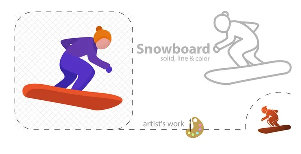 Snowboard vektor lapos illusztráció, szilárd, vonal ikon — Stock Vector