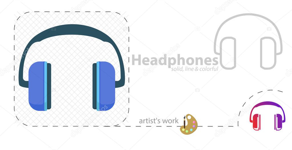 headphones vector flat illustration, solid, line icon