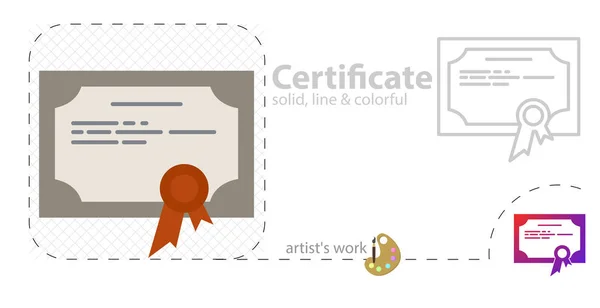 Certificate vector flat illustration, solid, line icon — 스톡 벡터