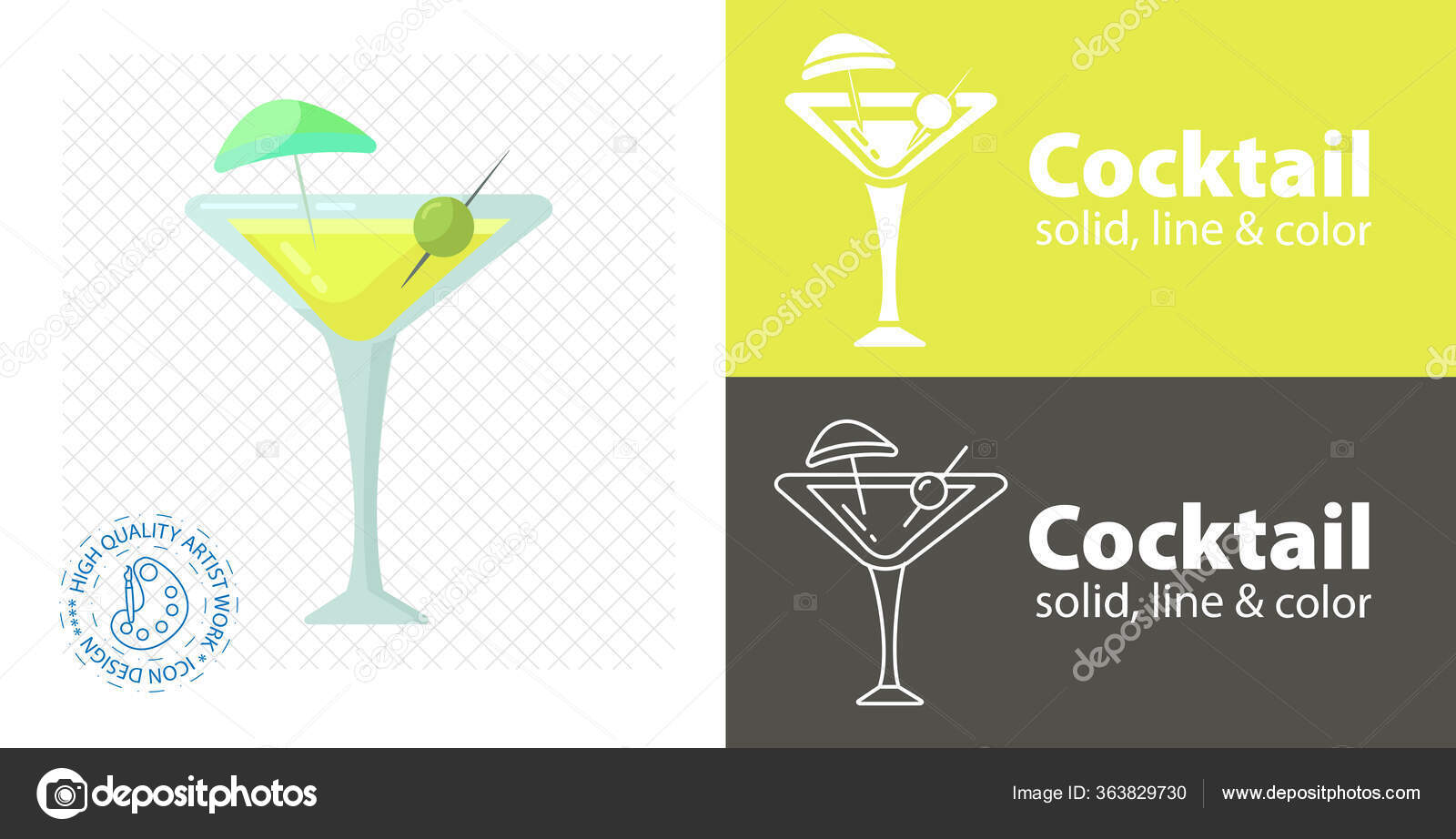 cocktail avec parapluie, olive et paille dans un style plat. icône