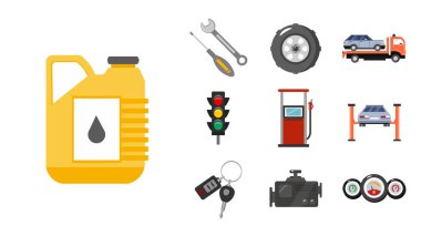 Yağ kutusu, araba anahtarı, araba tamiri çizim elementleri içeren otomatik servis düz simgesi