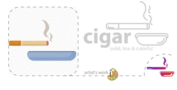 Cigarette Avec Illustration Cendrier Icône Ligne Plate — Image vectorielle