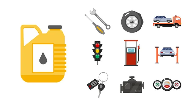 Auto Service Flat Icon Set Oil Canister Car Key Car — Stock Vector