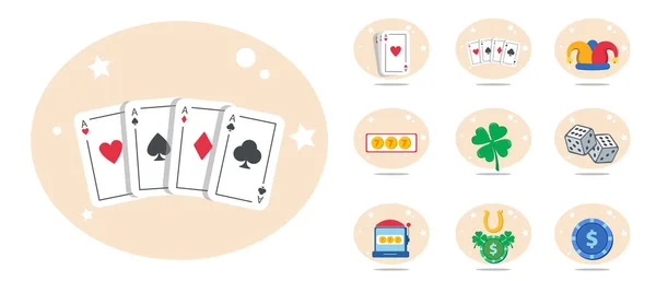 Casino Flaches Symbolset Mit Chip Spielkarten Würfeln Schlitz Jackpot Vierblättrigem — Stockvektor