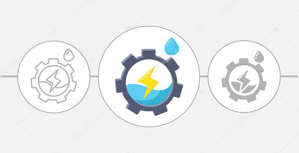 Gear wheel with water as logo. hydroelectric power flat icon
