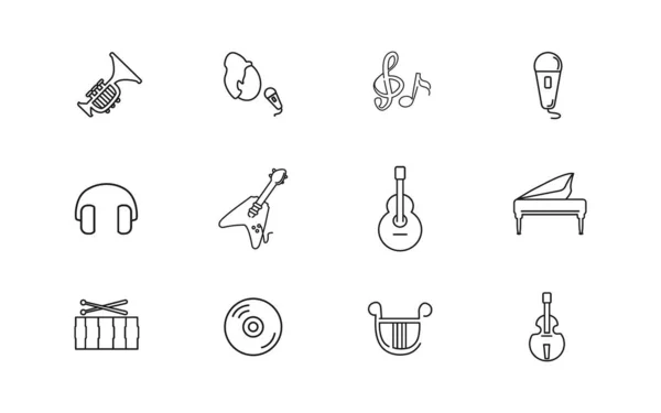 Conjunto Iconos Música Con Guitarra Batería Auriculares Iconos Línea — Vector de stock