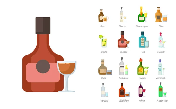 Flaskor Alkoholhaltiga Drycker Med Glas Flar Ikon Set Med Absint — Stock vektor