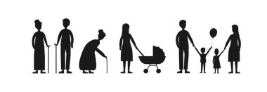 Aile silueti seti. Büyükanne, anne, baba, çocuk simgesi