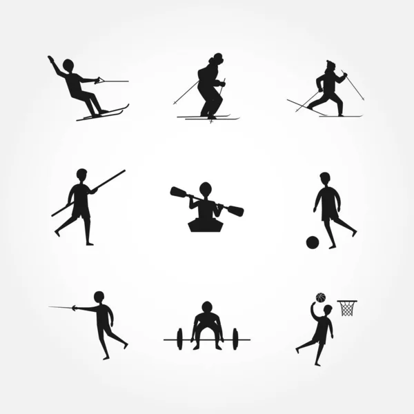 Silhouettes Sportives Avec Haltérophilie Escrime Footballeur Éléments Conception Skieur — Image vectorielle