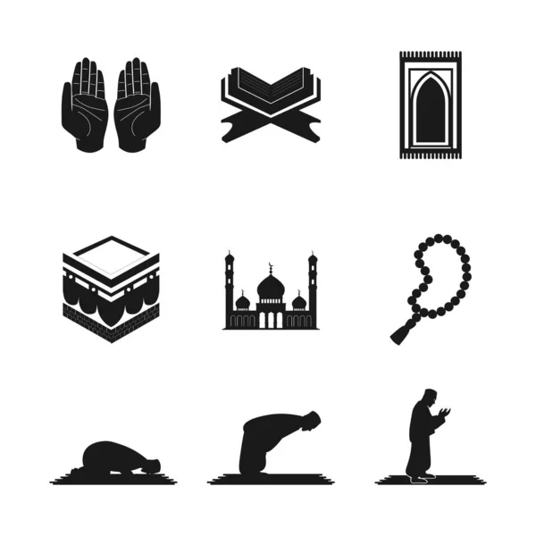 Islam Icon Set Carpet Namaz Kaaba Open Holy Quran Book — Stock Vector