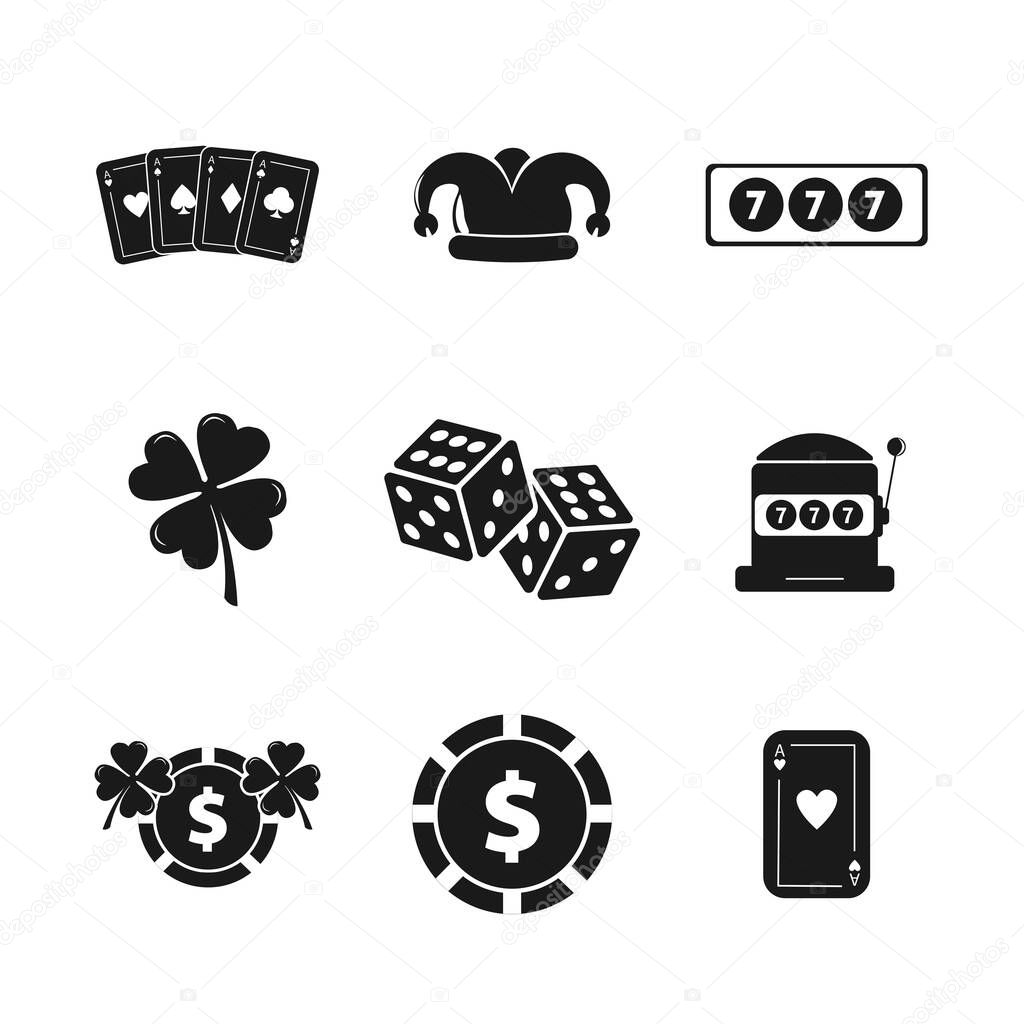 casino icon set with chip, game cards, dices, slot, jackpot, four leaf clover design element for illustration.