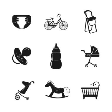 Beşik, meme ucu, bebek arabası, oyuncakları olan bebek ikonu seti. Bebek bakımı illüstrasyon tasarım elementleri için ekipman