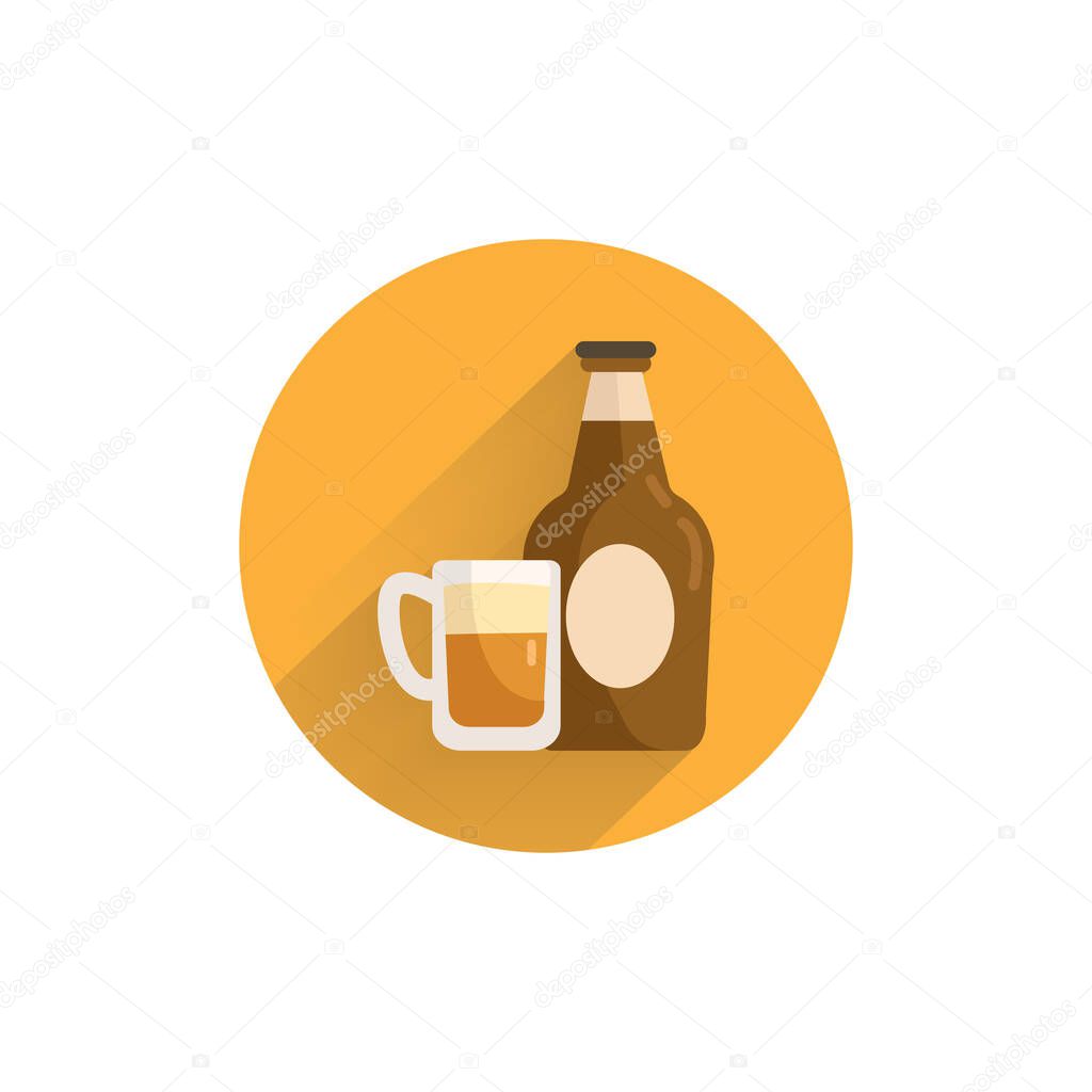 Bottle of beer with glass colorful flat icon with long shadow. beer flat icon