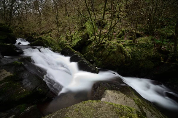 Lång Exponering Ett Vattenfall Skogen Vid Watersmeet Devon — Stockfoto