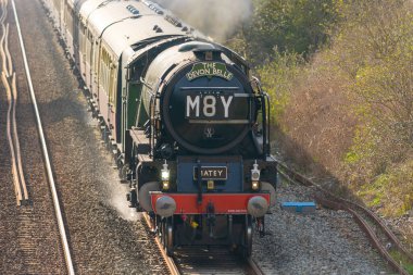 Upton. Somerset. Birleşik Krallık. 2. 2016. Devon Belle buharlı treni Somerset 'te Upton' dan geçiyor..