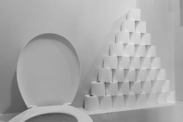 Huge Pile Toilet Paper Stacked Next Toilet — Stock Photo, Image