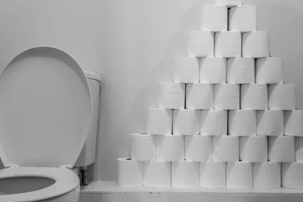 Huge Pile Toilet Paper Stacked Next Toilet — Stock Photo, Image