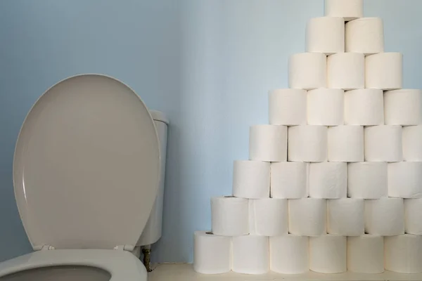 Huge Pile Toilet Paper Stacked Next Toilet — Stock Photo, Image