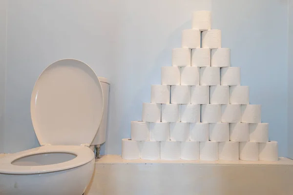 Huge Pile Toilet Paper Stacked Next Toilet — Stock Photo, Image