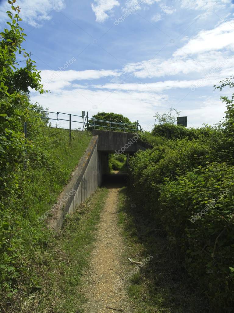 Railway bridge on the Felixstowe branch line allowing a footpath to pass underneath.