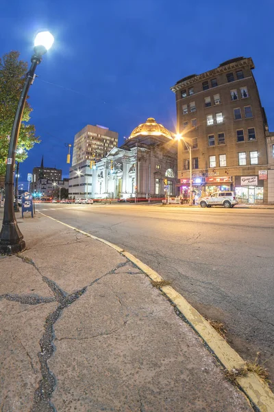 Utica, New York - Nov 11, 2019: Fisheye View of the Historic Area Buildings in Lower Genesee Street in downtown Utica, New York State, USA. This area is a National Register of Historic Places. — Stock Photo, Image