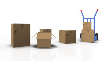 Beyaz arkaplanda 3D çizim kamyonu ve karton kutu