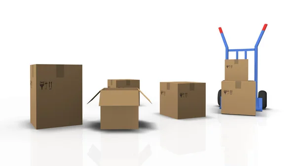 Beyaz arkaplanda 3D çizim kamyonu ve karton kutu