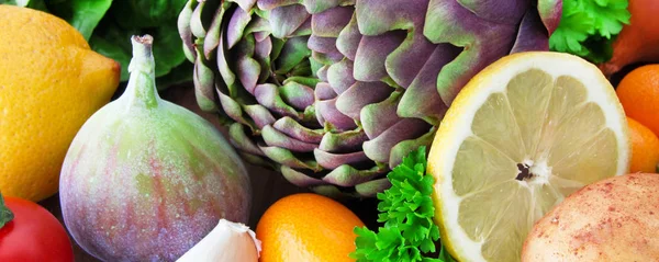 Zöldségek és gyümölcsök mint háttérbanner — Stock Fotó