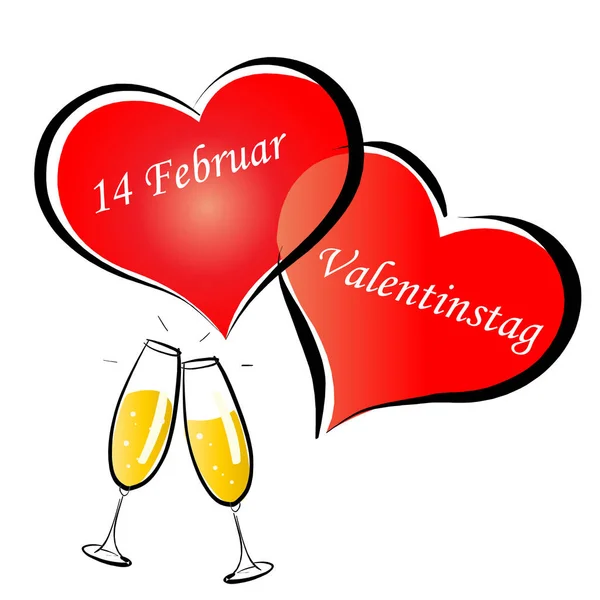 Německý Valentýn s červenými srdci a šampaňským — Stock fotografie