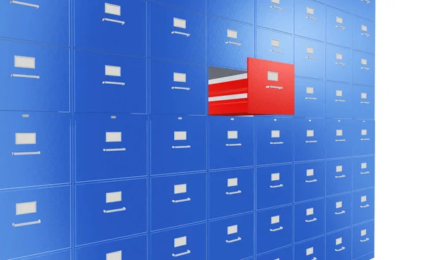 Armário de arquivamento azul com gaveta vermelha aberta — Fotografia de Stock