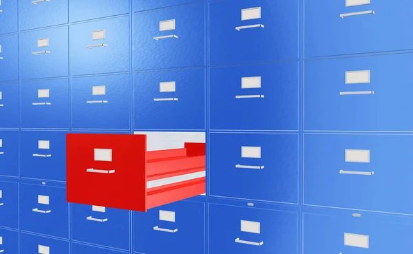 3D Illustration filing cabinet with opened red drawer