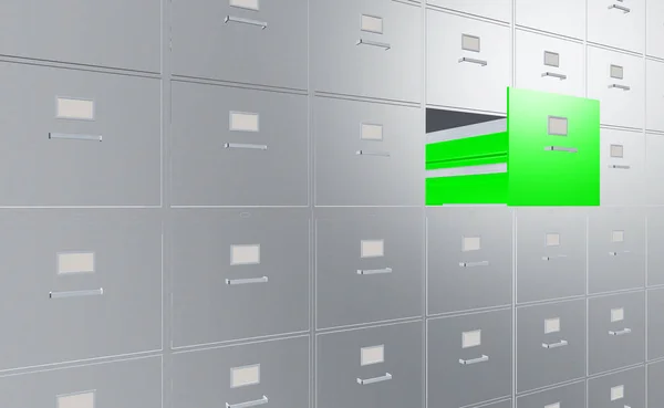 3D ілюстрація Срібна шафа подачі з відкритим зеленим ящиком — стокове фото