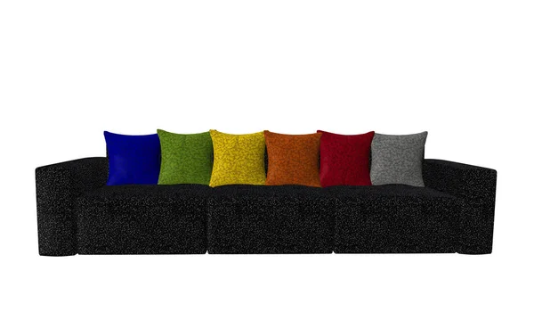 Canapé noir avec coussins colorés isolés sur blanc — Photo