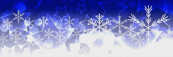 Fondo azul, blanco navideño con bokeh, estrellas y copo de nieve — Foto de Stock