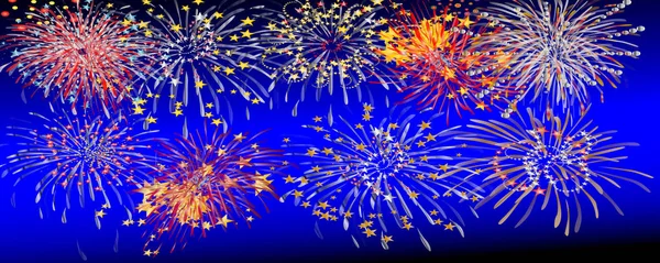 Night fireworks with blue and black sky — Stock Photo, Image