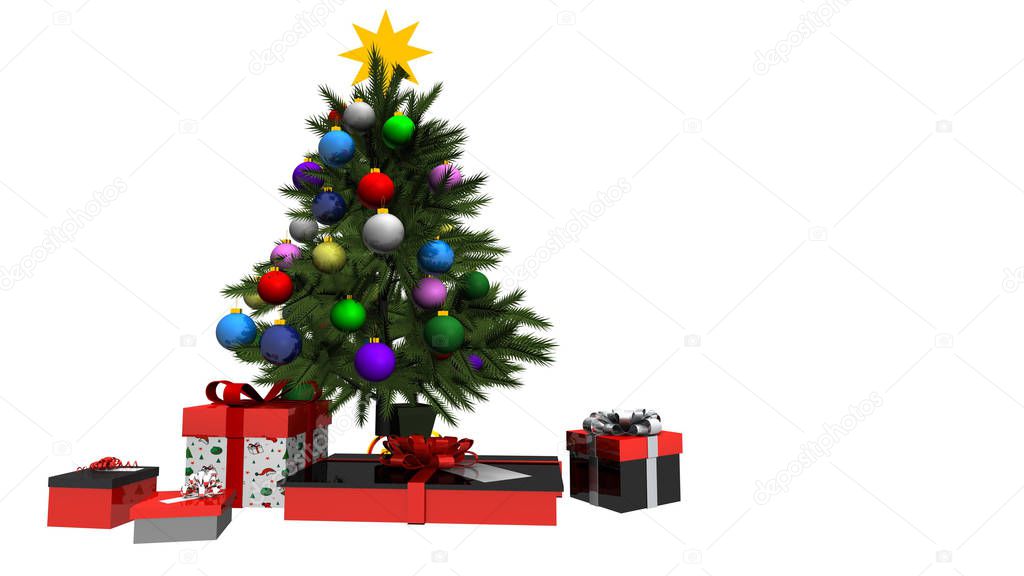 Festively decorated Christmas tree with gifts on white backgroun