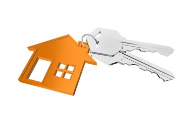 Beyaz arka planda ev askısı olan 3D anahtarlık