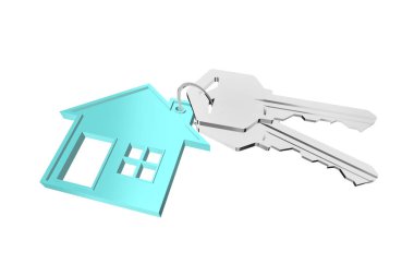 Beyaz arka planda ev askısı olan 3D anahtarlık