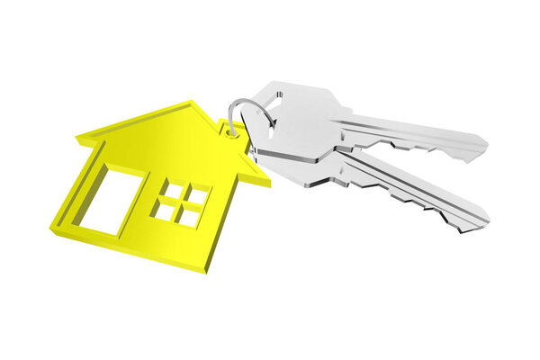 3D ключ кольцо с вешалкой дома на белом фоне
