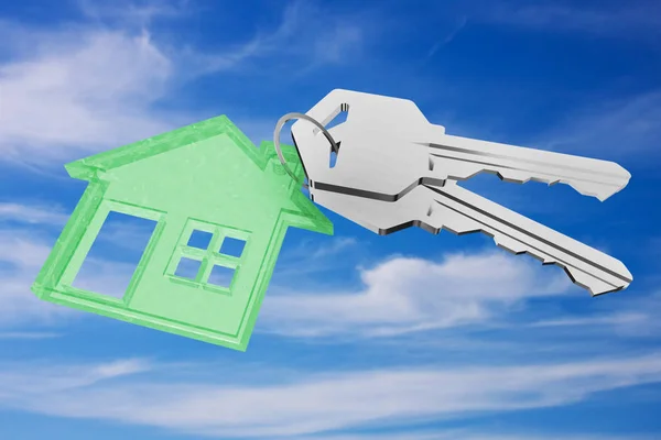 Anel chave 3D com pingente de casa no fundo do céu — Fotografia de Stock